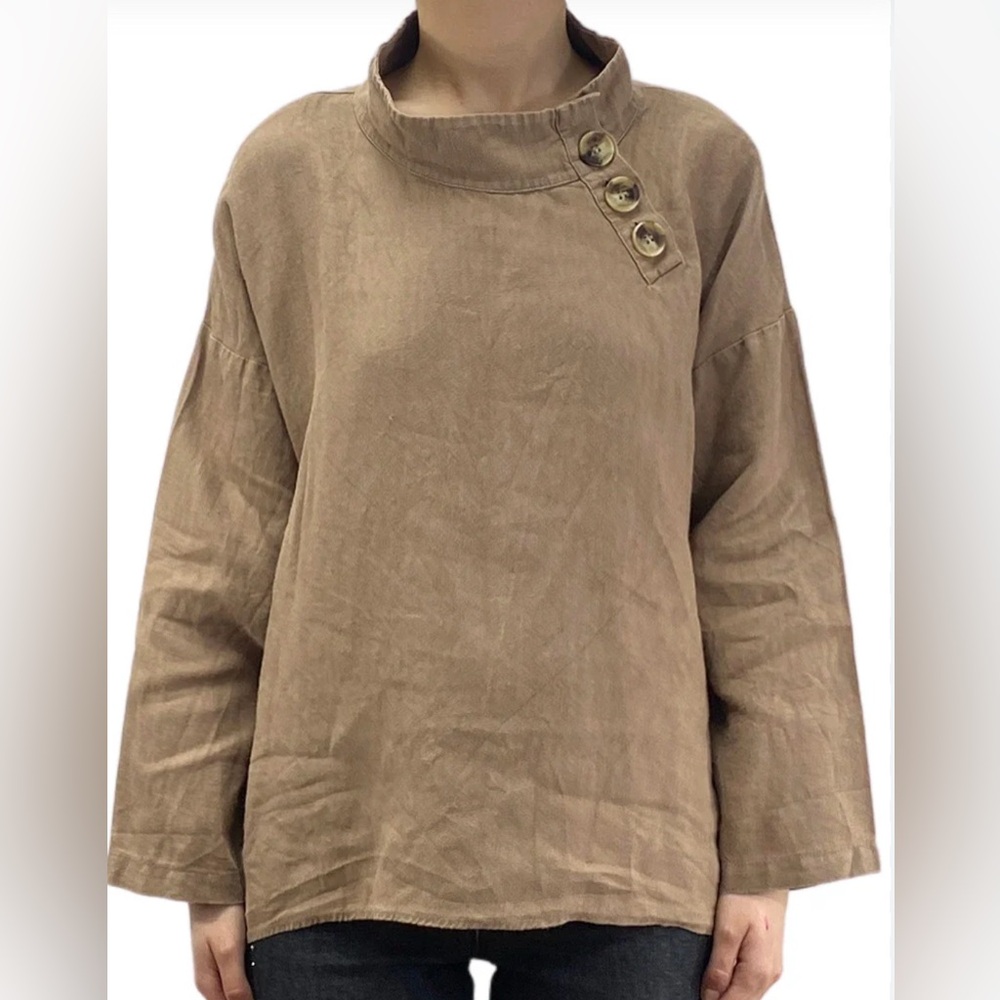 Zara Tan Button-Accent linen Blouse